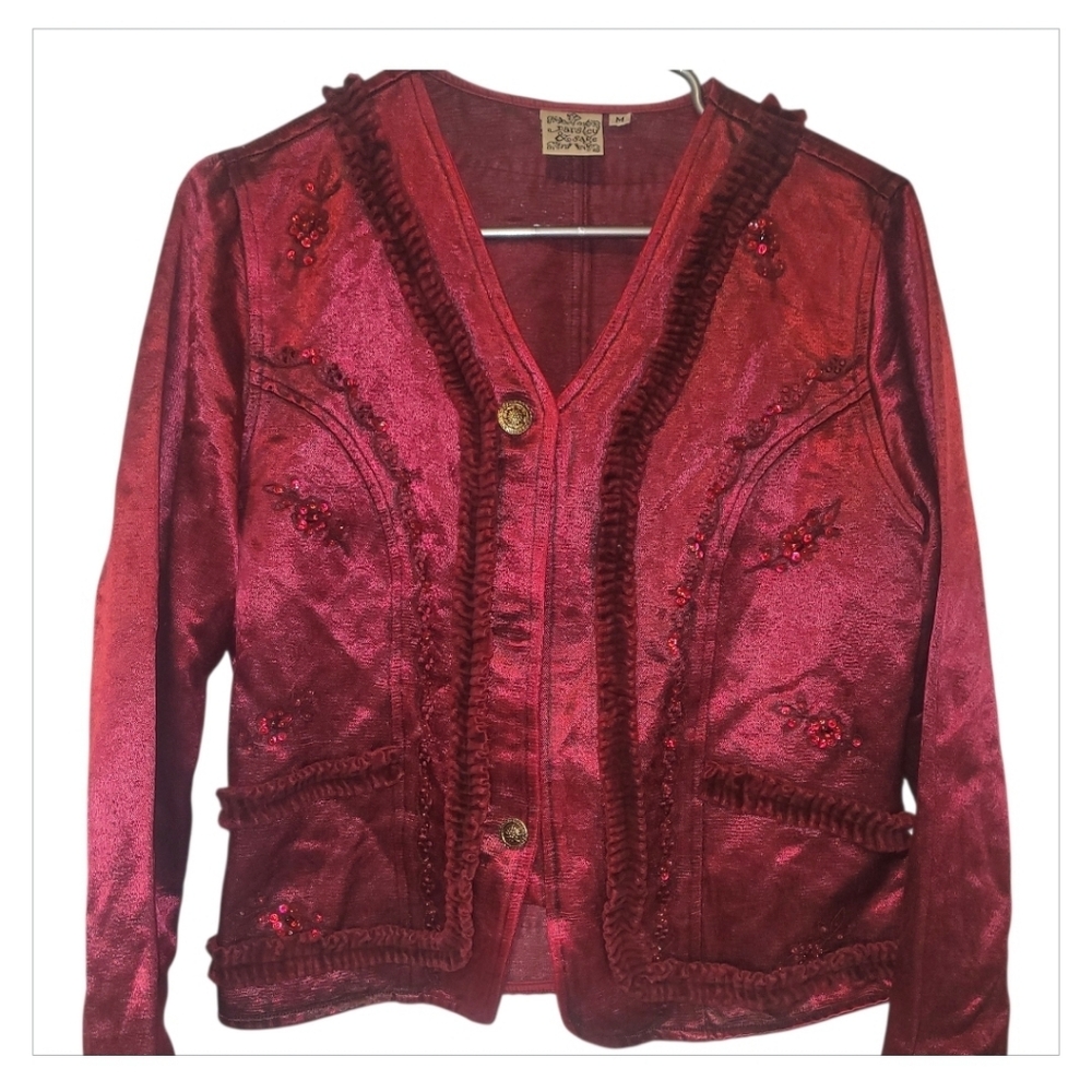 Vintage Parsley & Sage Silk Cotton Beaded Jacket Burgundy Womens M